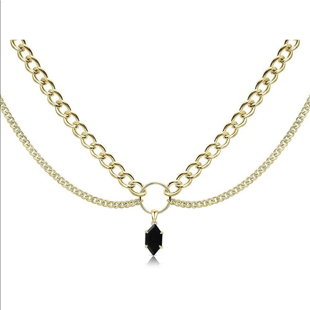 Boho Gold Layer Drop Link Chain Choker Necklace Onyx Black Gem Crystal Pendant